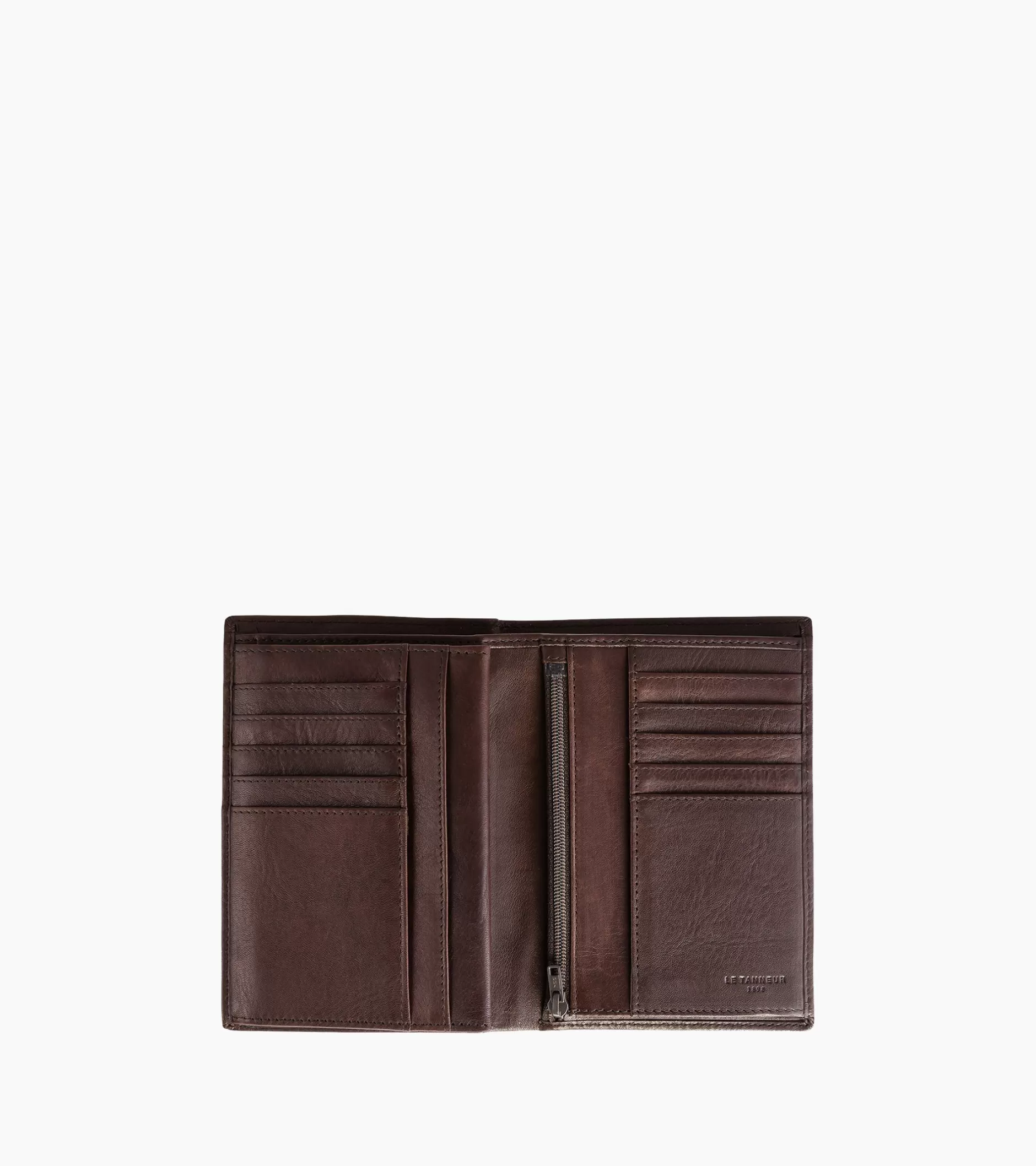 Homme Le Tanneur Grand portefeuille vertical zippé 3 volets Gary en cuir huilé - Brown