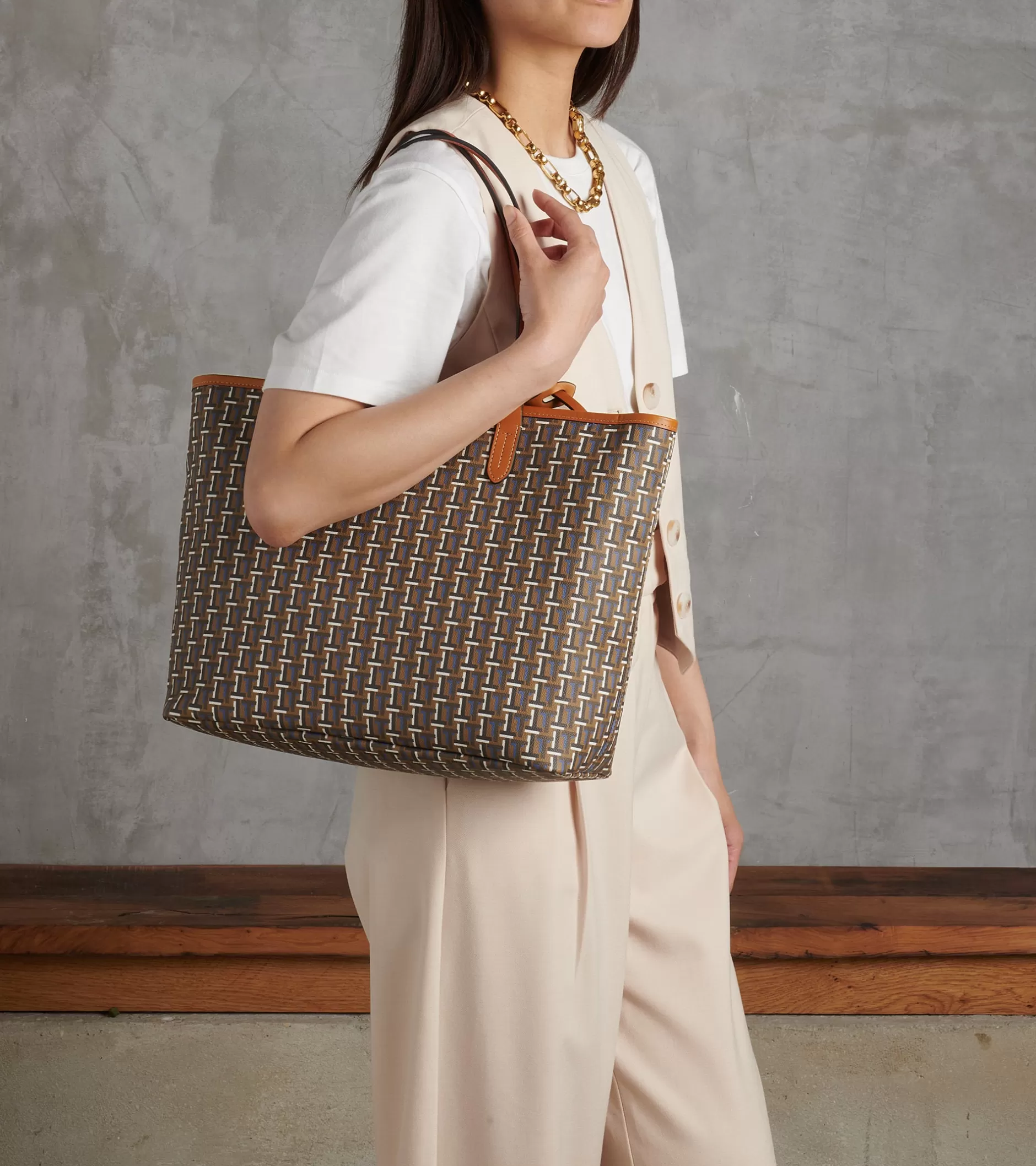 Femme Le Tanneur Grand sac cabas horizontal Camille en toile monogramme - Imprimé Marron