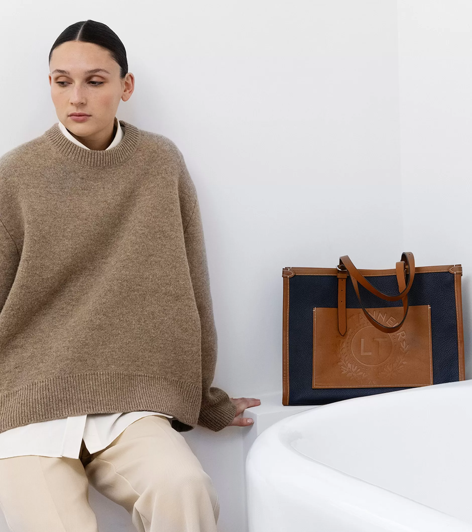 Femme Le Tanneur Grand sac cabas Le 125 en cuir grainé - Blue Twilight Brown Tan White Chalk