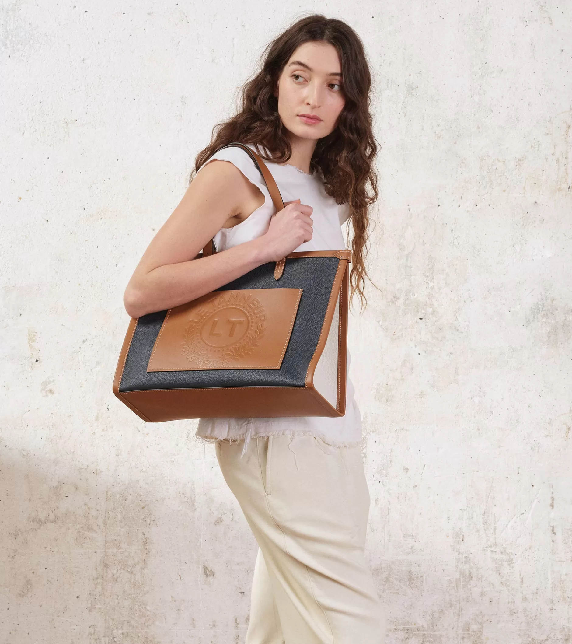 Femme Le Tanneur Grand sac cabas Le 125 en cuir grainé - Blue Twilight Brown Tan White Chalk
