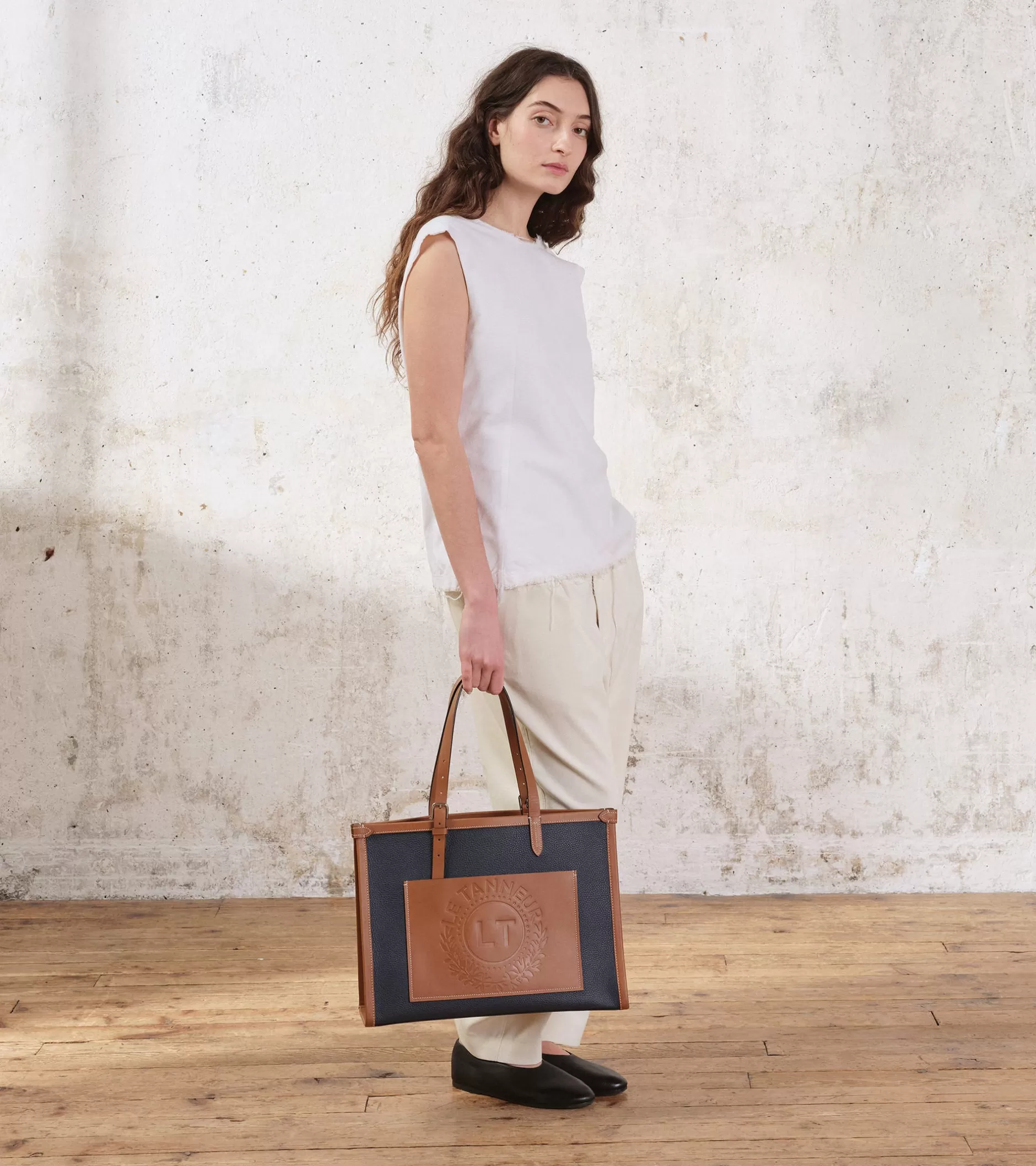 Femme Le Tanneur Grand sac cabas Le 125 en cuir grainé - Blue Twilight Brown Tan White Chalk