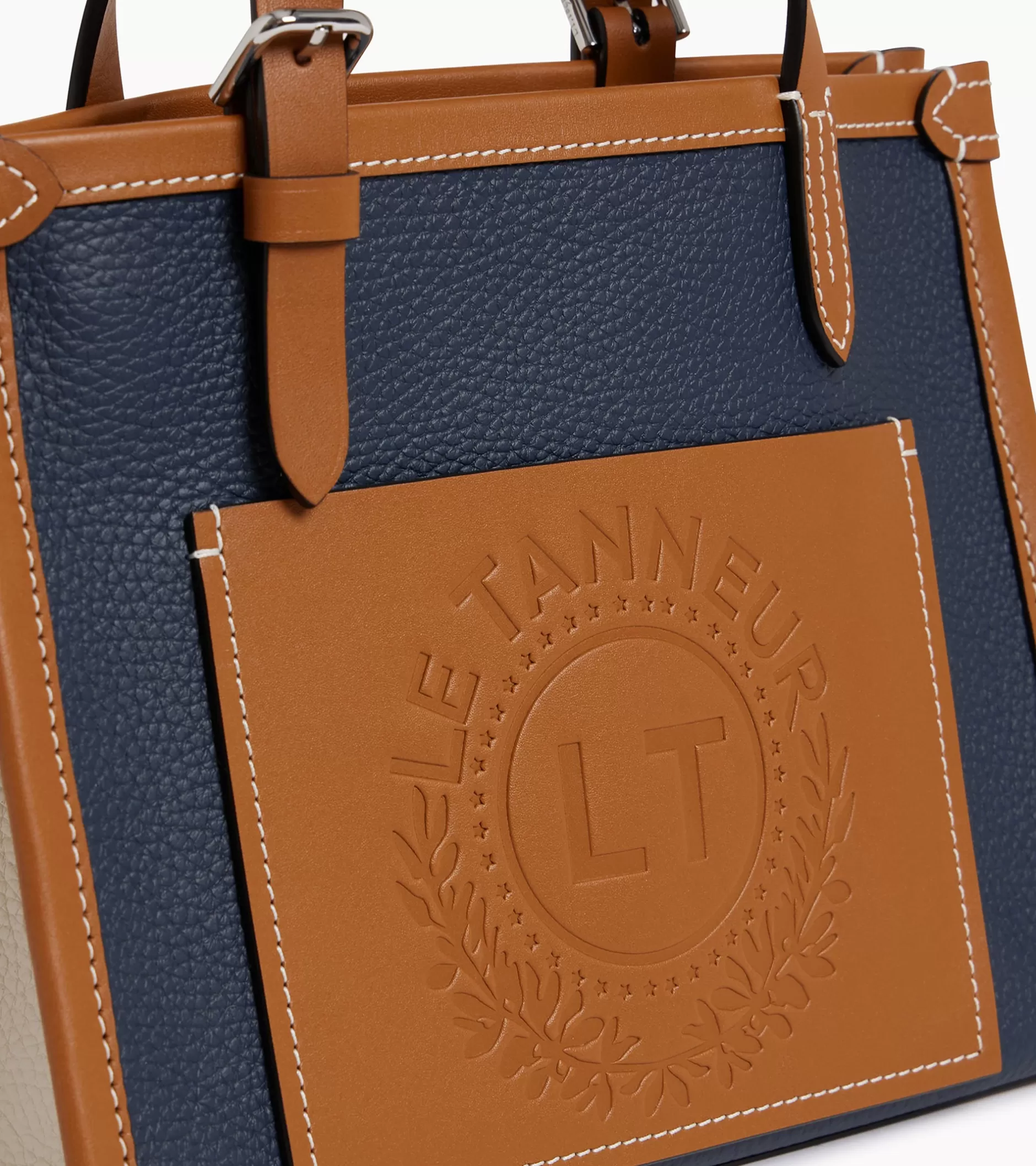Femme Le Tanneur Mini sac cabas Le 125 en cuir grainé - Blue Twilight Brown Tan White Chalk
