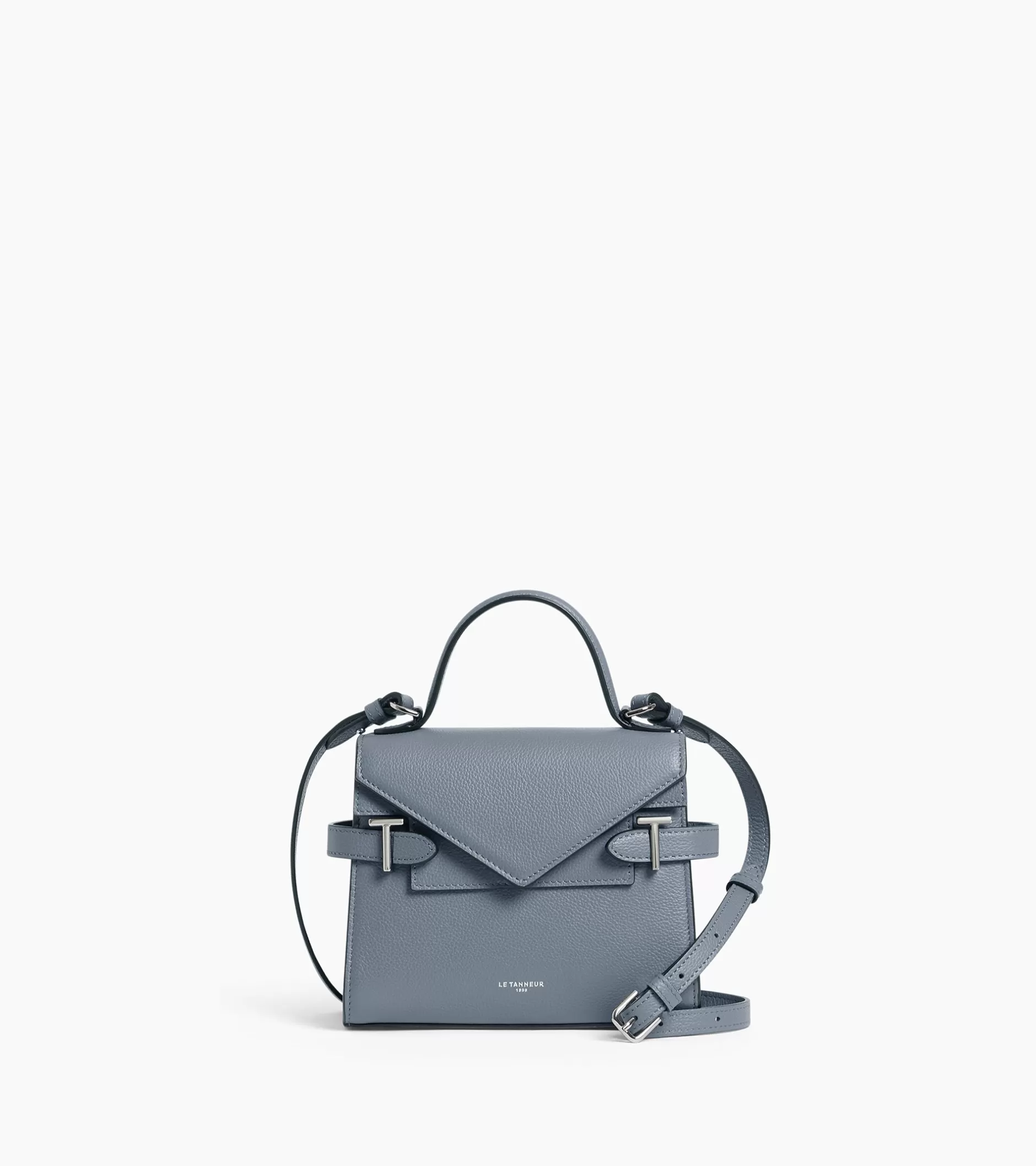 Femme Le Tanneur Petit sac à main double rabat Emilie en cuir grainé - BLEU ARGILE