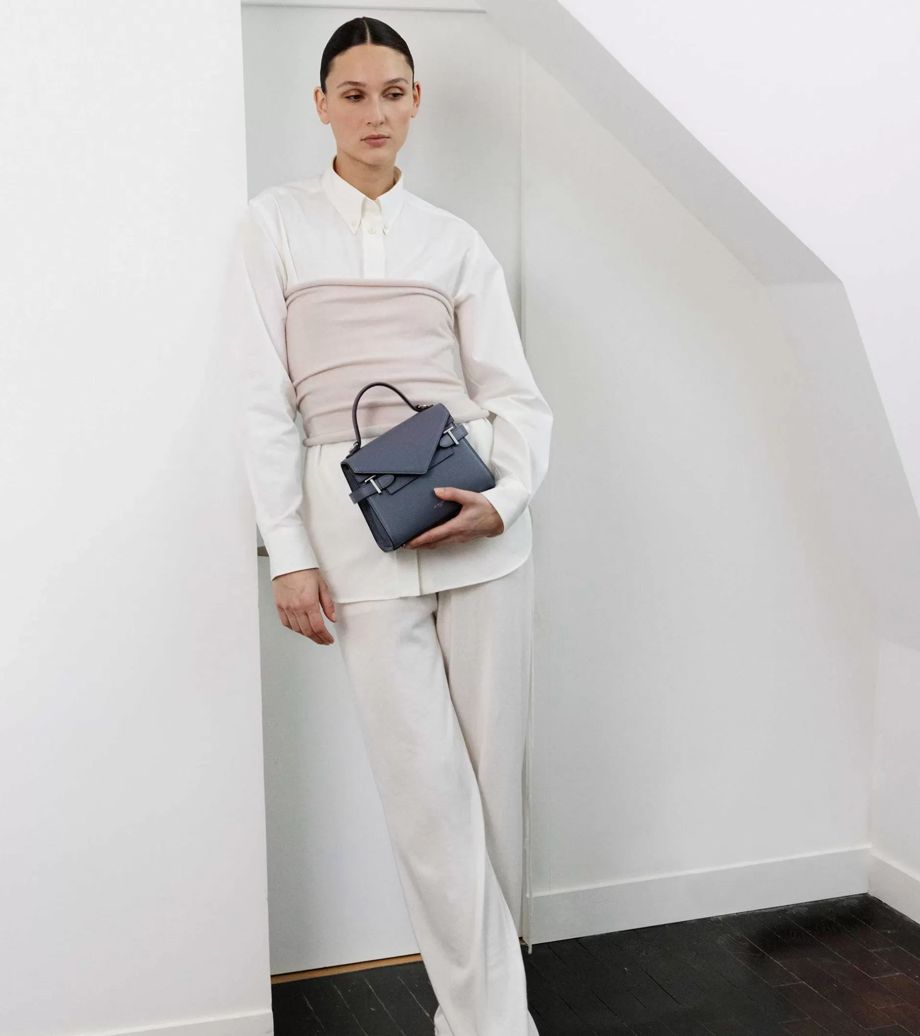 Femme Le Tanneur Petit sac à main double rabat Emilie en cuir grainé - BLEU ARGILE