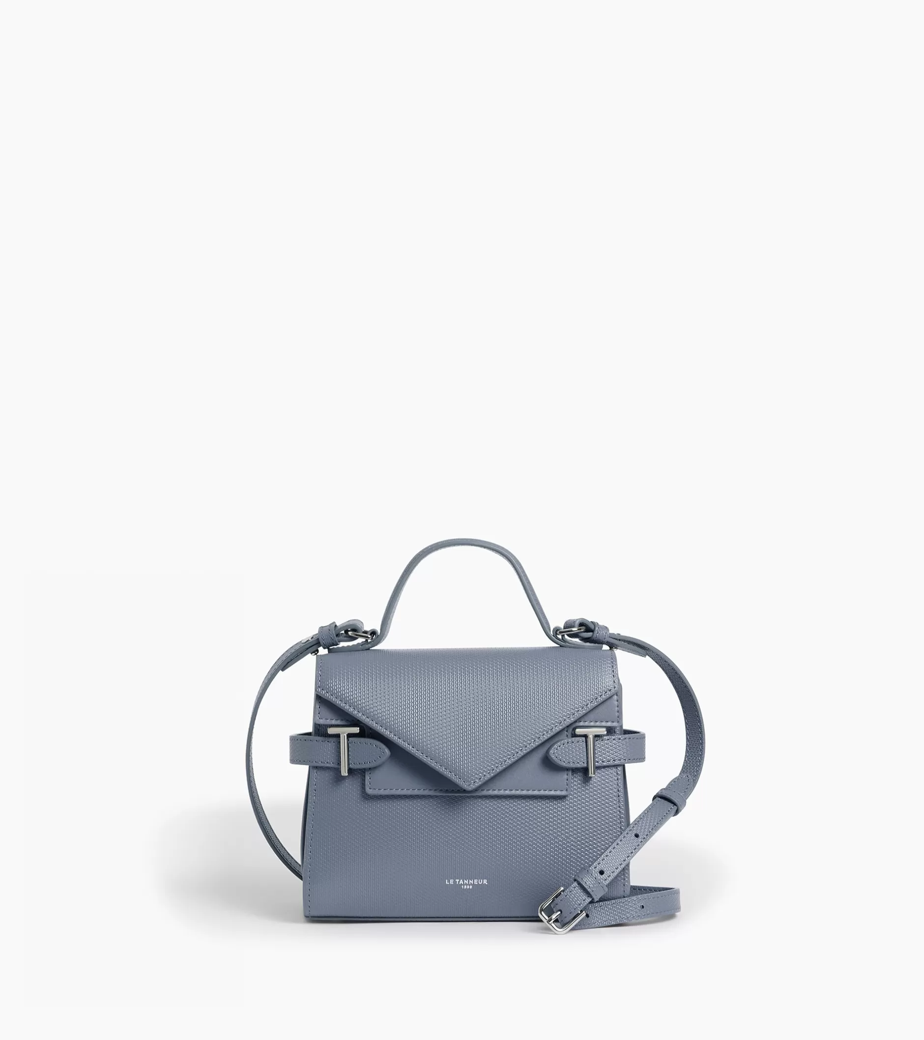 Femme Le Tanneur Petit sac à main double rabat Emilie en cuir signature T - BLEU ARGILE