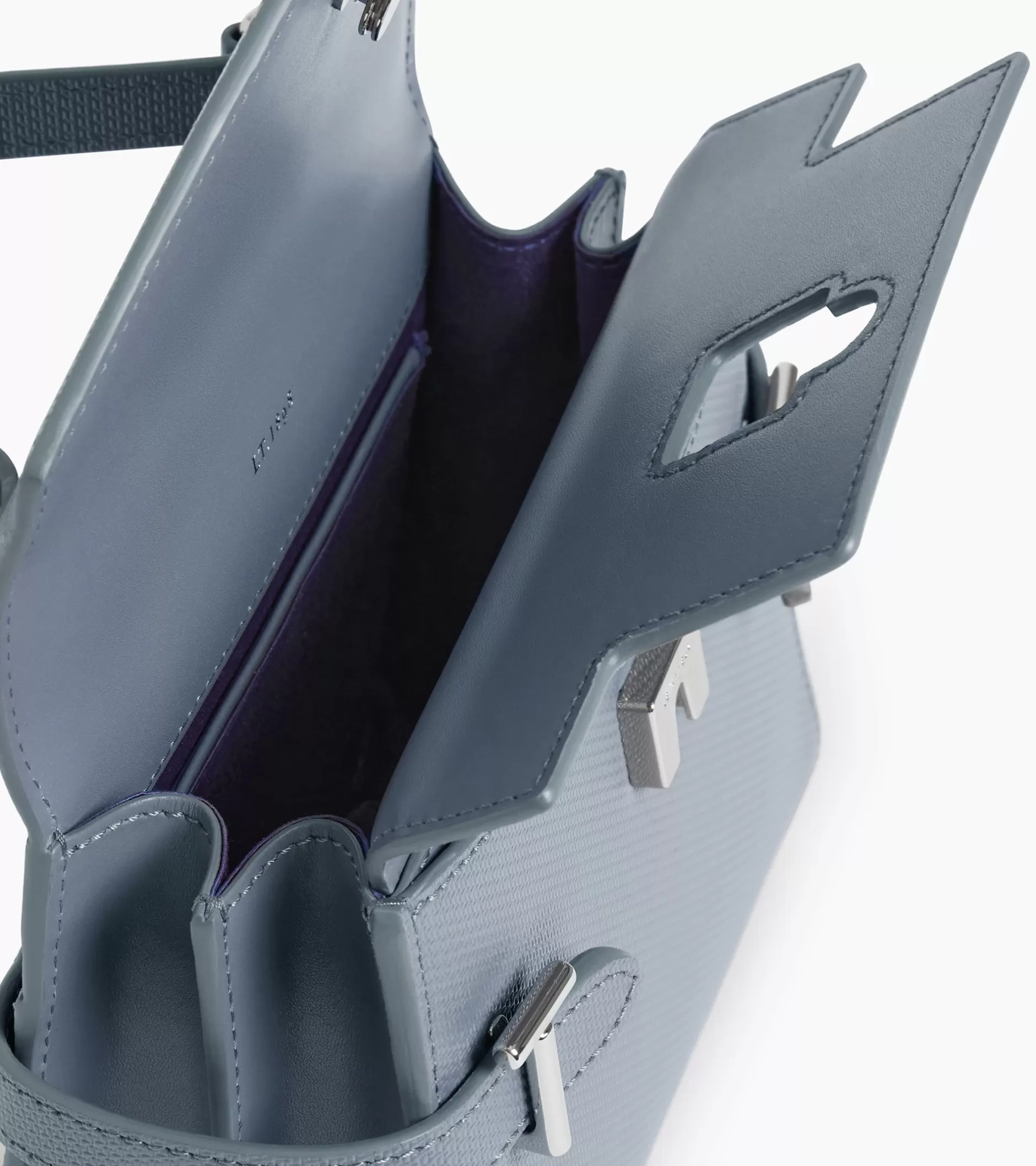 Femme Le Tanneur Petit sac à main double rabat Emilie en cuir signature T - BLEU ARGILE