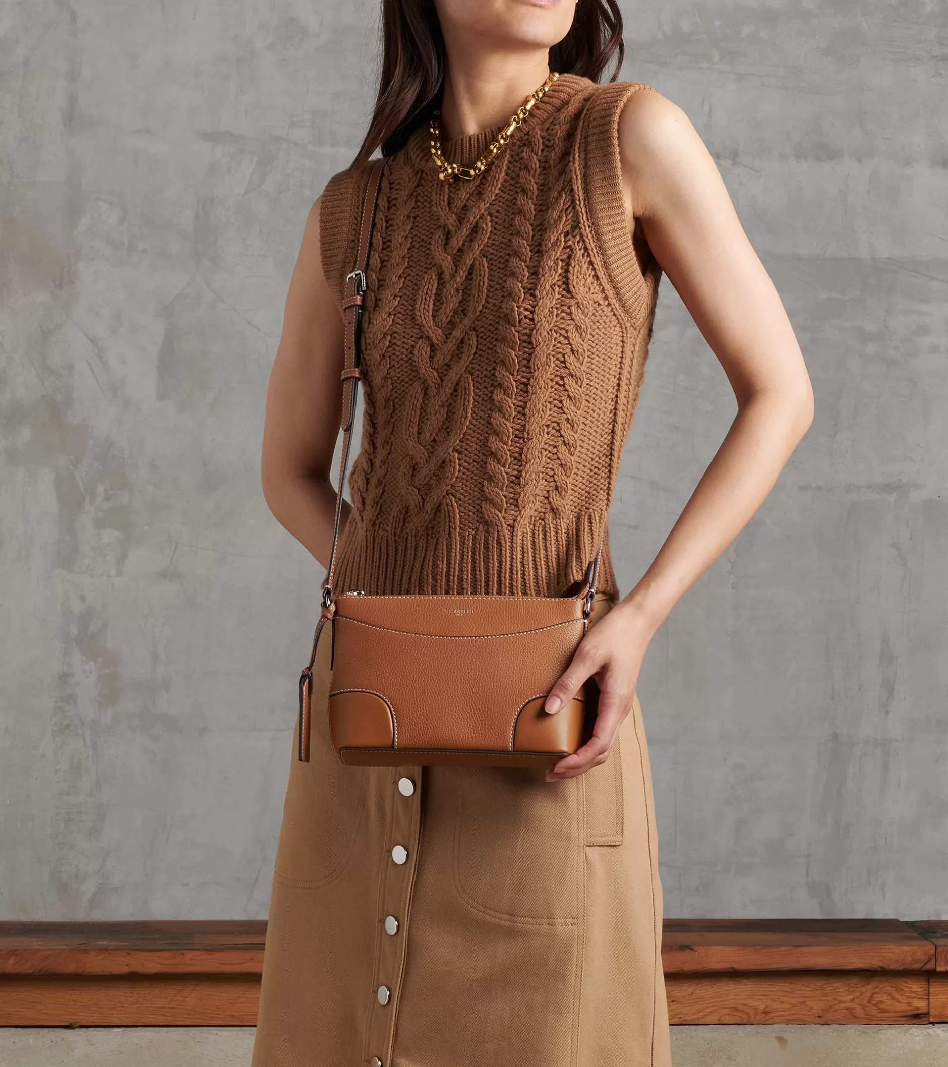 Femme Le Tanneur Petit sac bandoulière Romy en cuir grainé et lisse - Brown Tan