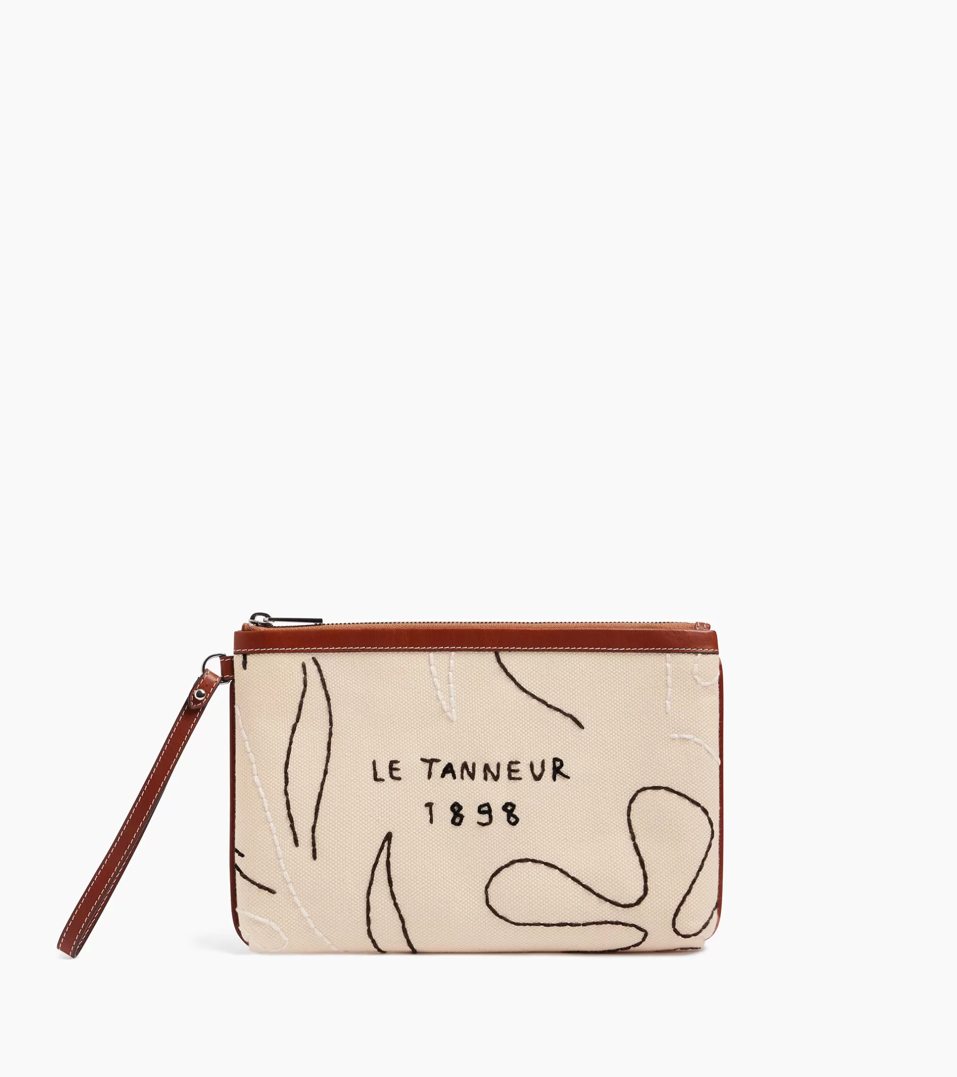 Femme Le Tanneur Pochette zippée Sarah Espeute en cuir semi-végétal et toile coton - White Chalk Brown Tan