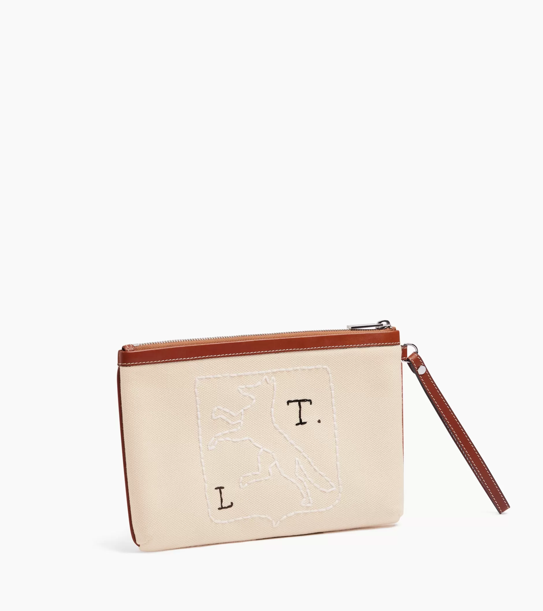 Femme Le Tanneur Pochette zippée Sarah Espeute en cuir semi-végétal et toile coton - White Chalk Brown Tan
