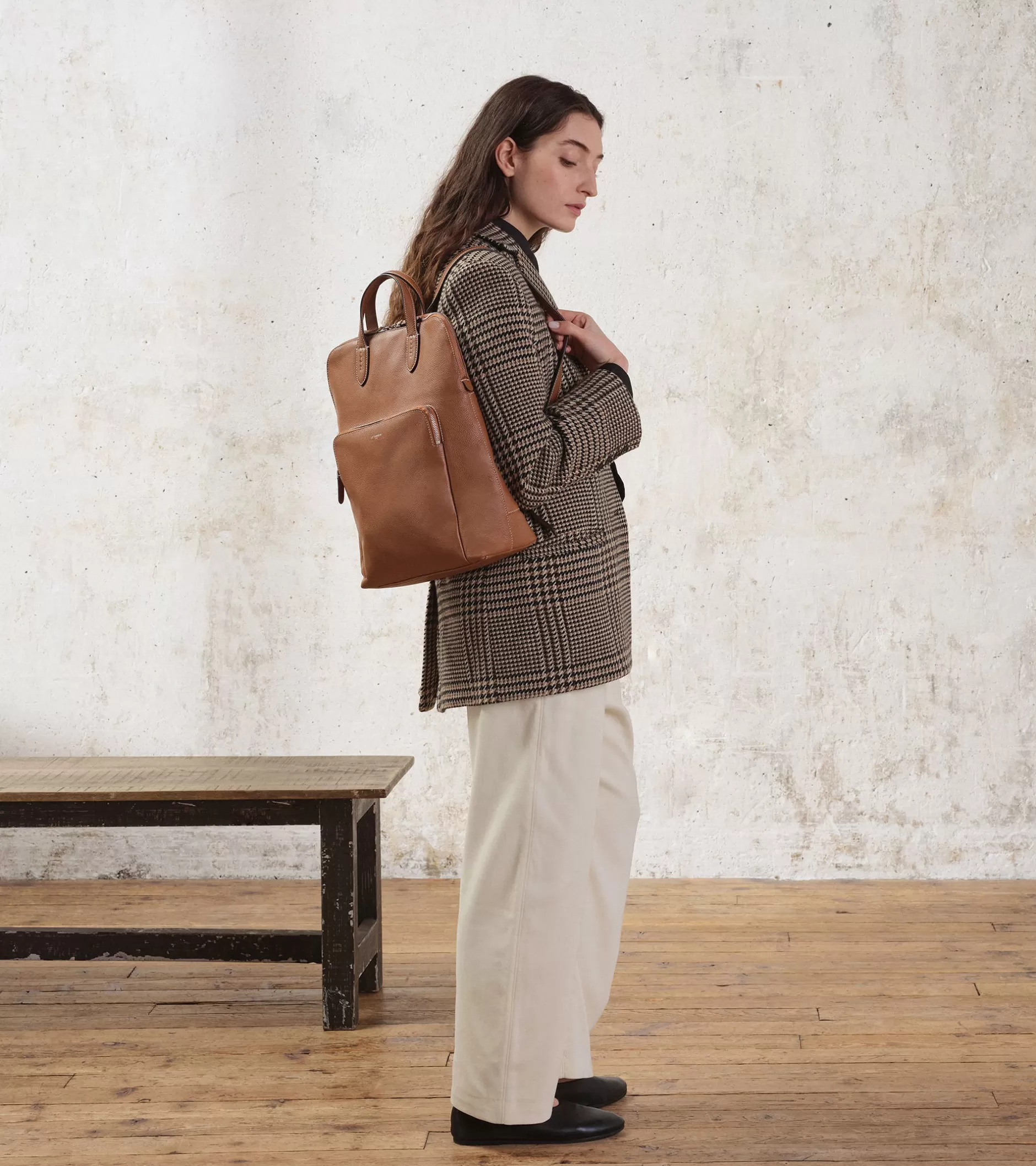Femme Le Tanneur Sac à dos zippé business Sophie en cuir grainé - Brown Tan