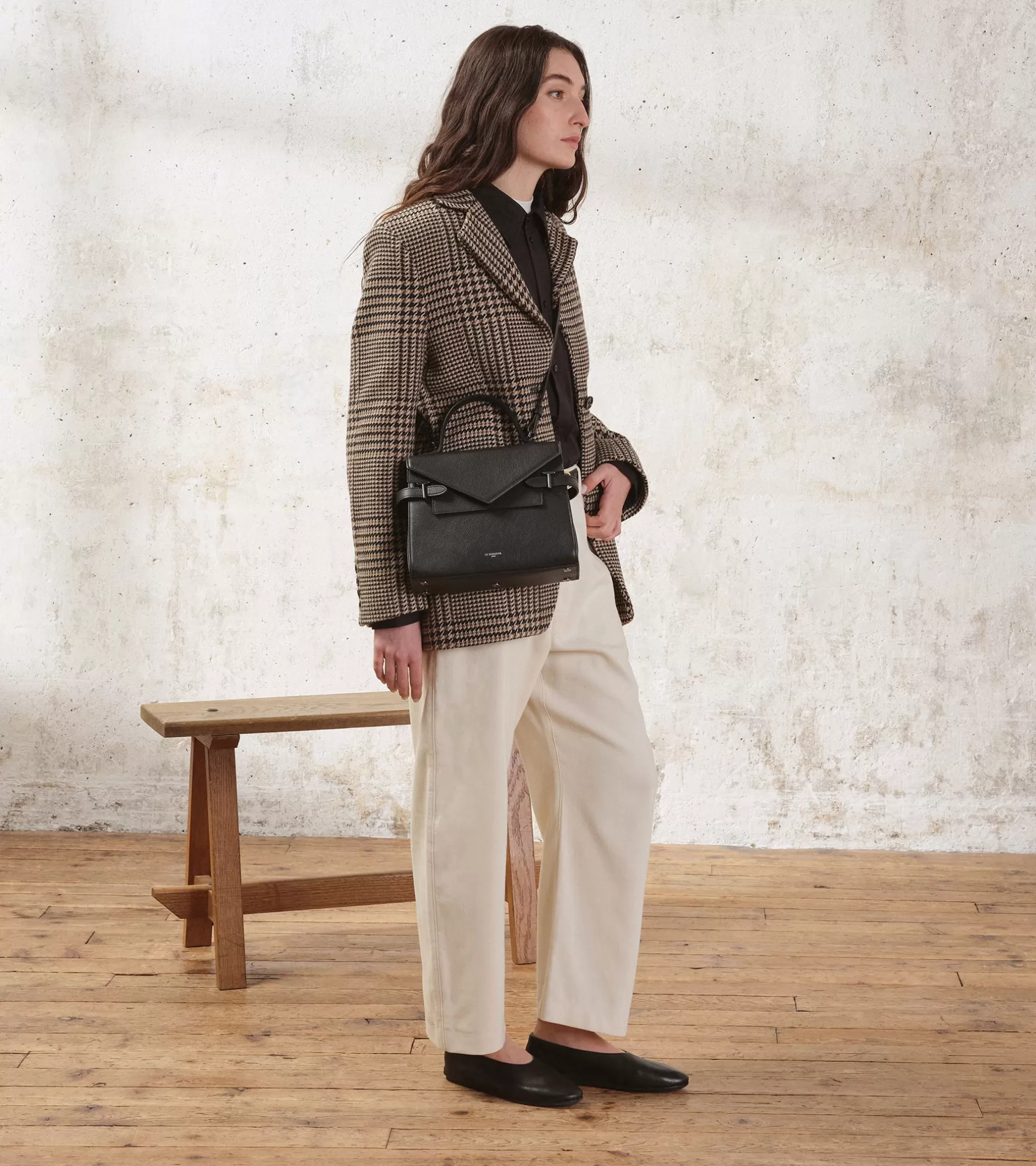 Femme Le Tanneur Sac à main double rabat moyen modèle Emilie en cuir grainé - Black