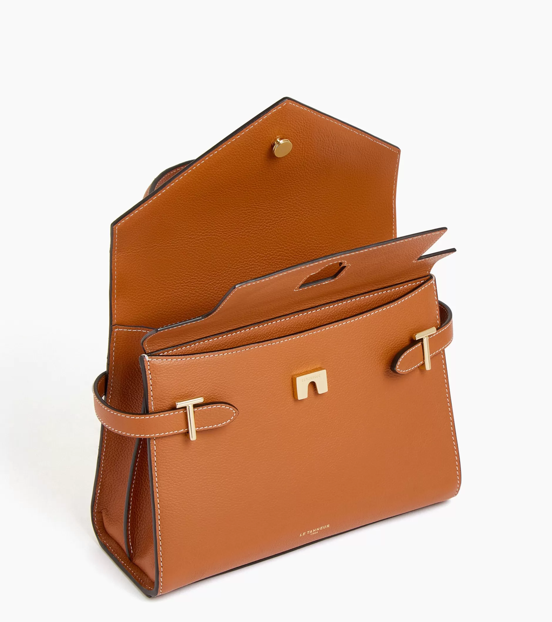 Femme Le Tanneur Sac à main double rabat moyen modèle Emilie en cuir grainé - Brown Tan