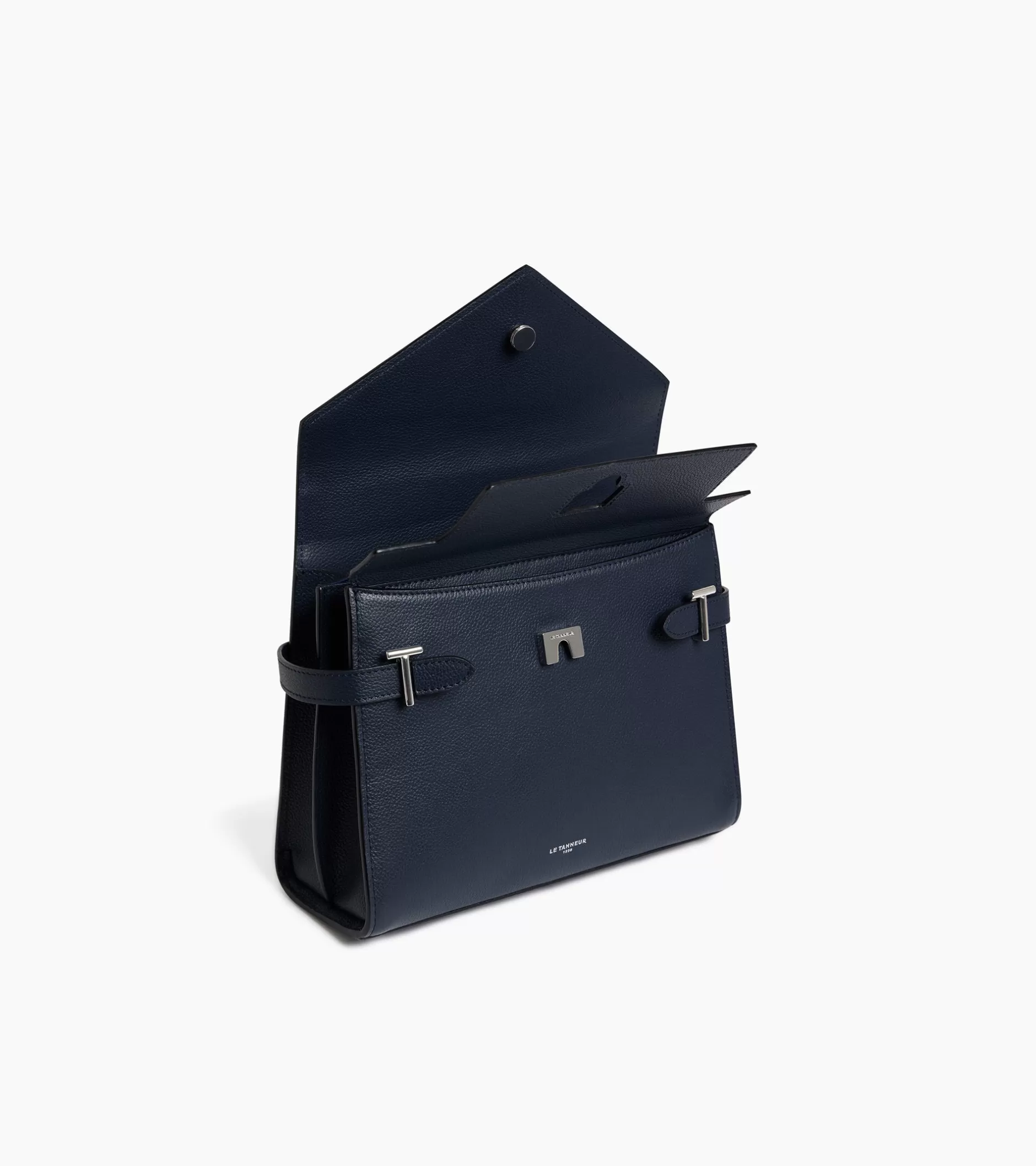 Femme Le Tanneur Sac à main double rabat moyen modèle Emilie en cuir grainé - Twilight Blue