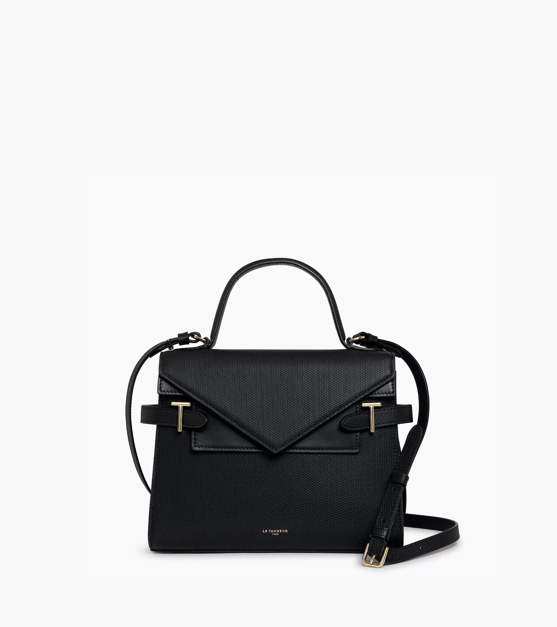 Femme Le Tanneur Sac à main double rabat moyen modèle Emilie en cuir signature T - Black