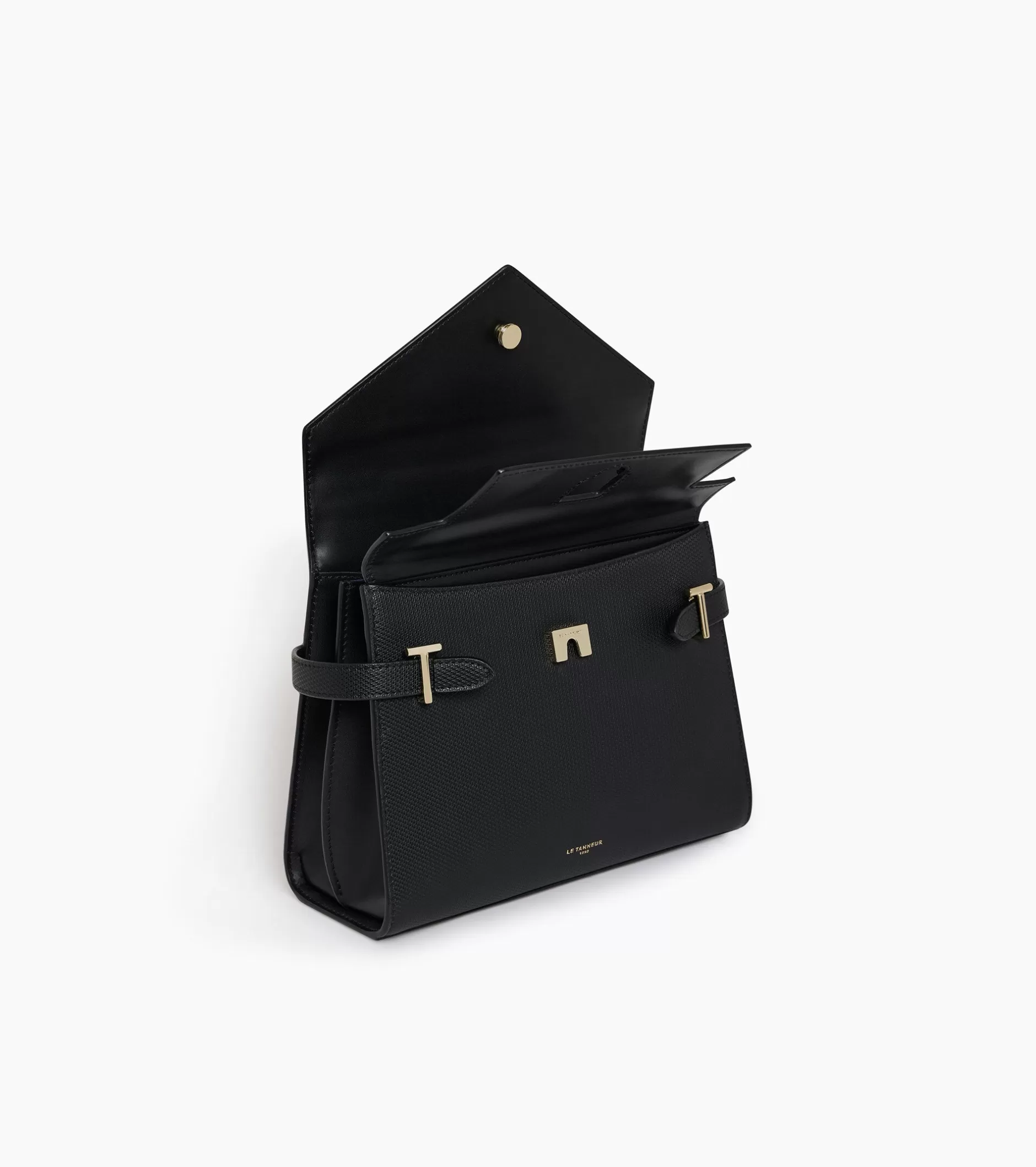Femme Le Tanneur Sac à main double rabat moyen modèle Emilie en cuir signature T - Black