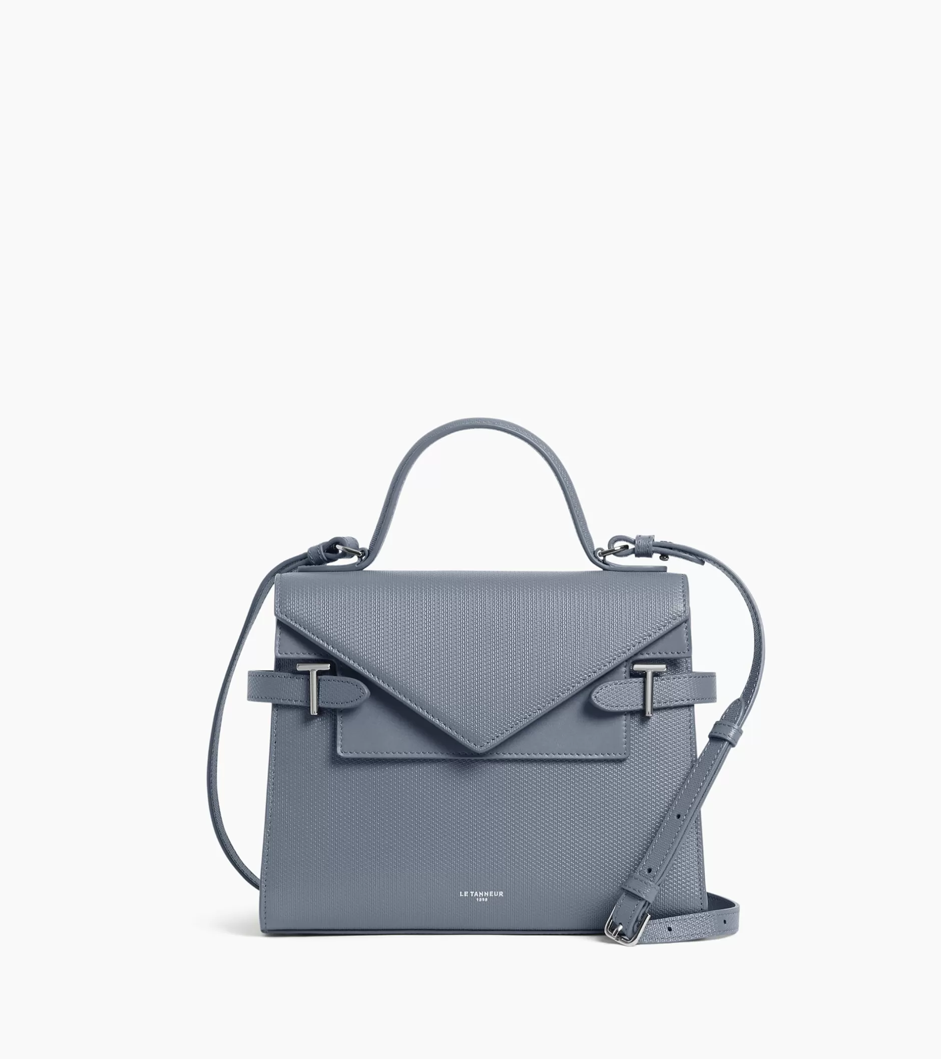 Femme Le Tanneur Sac à main double rabat moyen modèle Emilie en cuir signature T - BLEU ARGILE