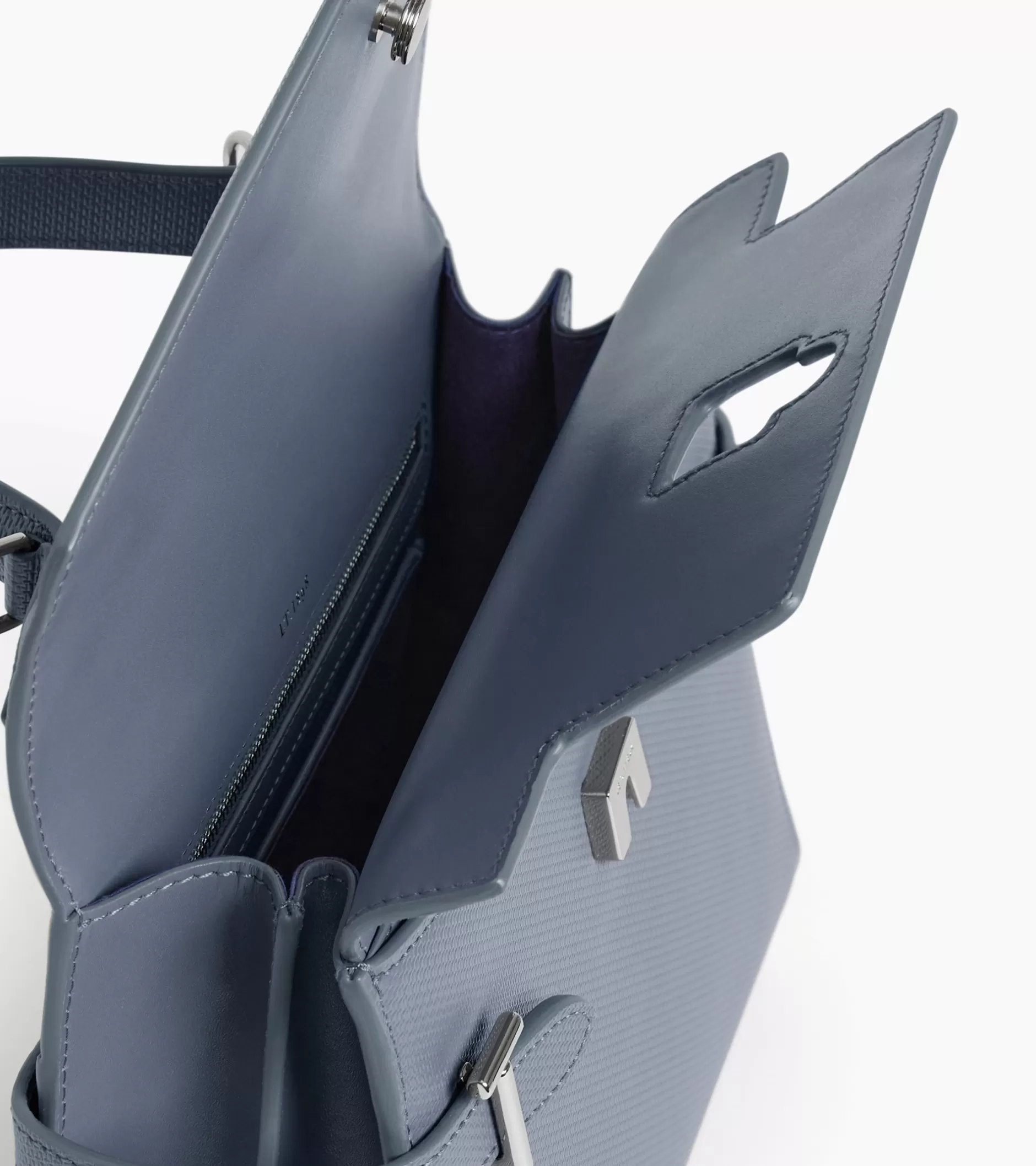 Femme Le Tanneur Sac à main double rabat moyen modèle Emilie en cuir signature T - BLEU ARGILE