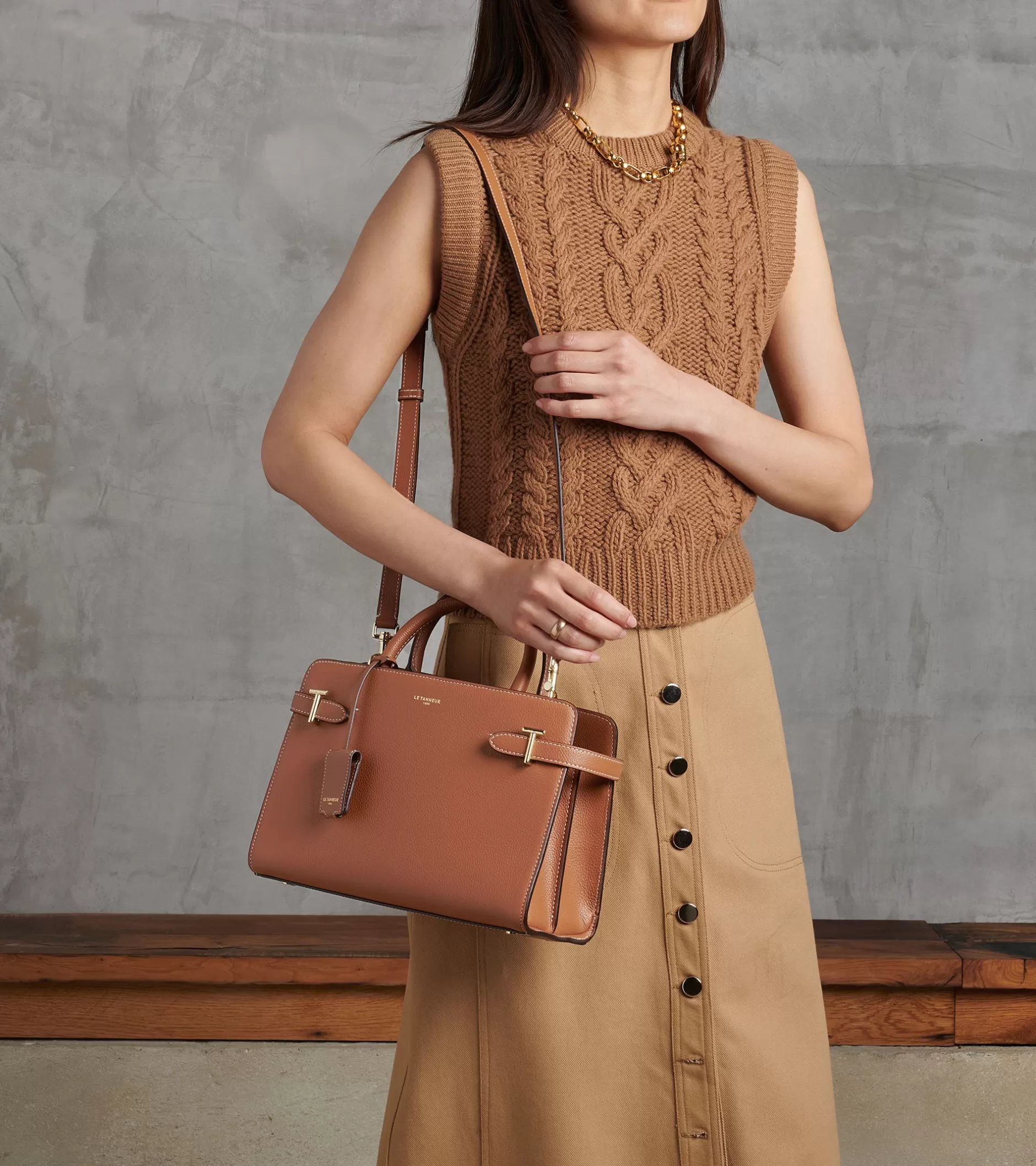 Femme Le Tanneur Sac à main moyen modèle Emilie en cuir grainé - Brown Tan