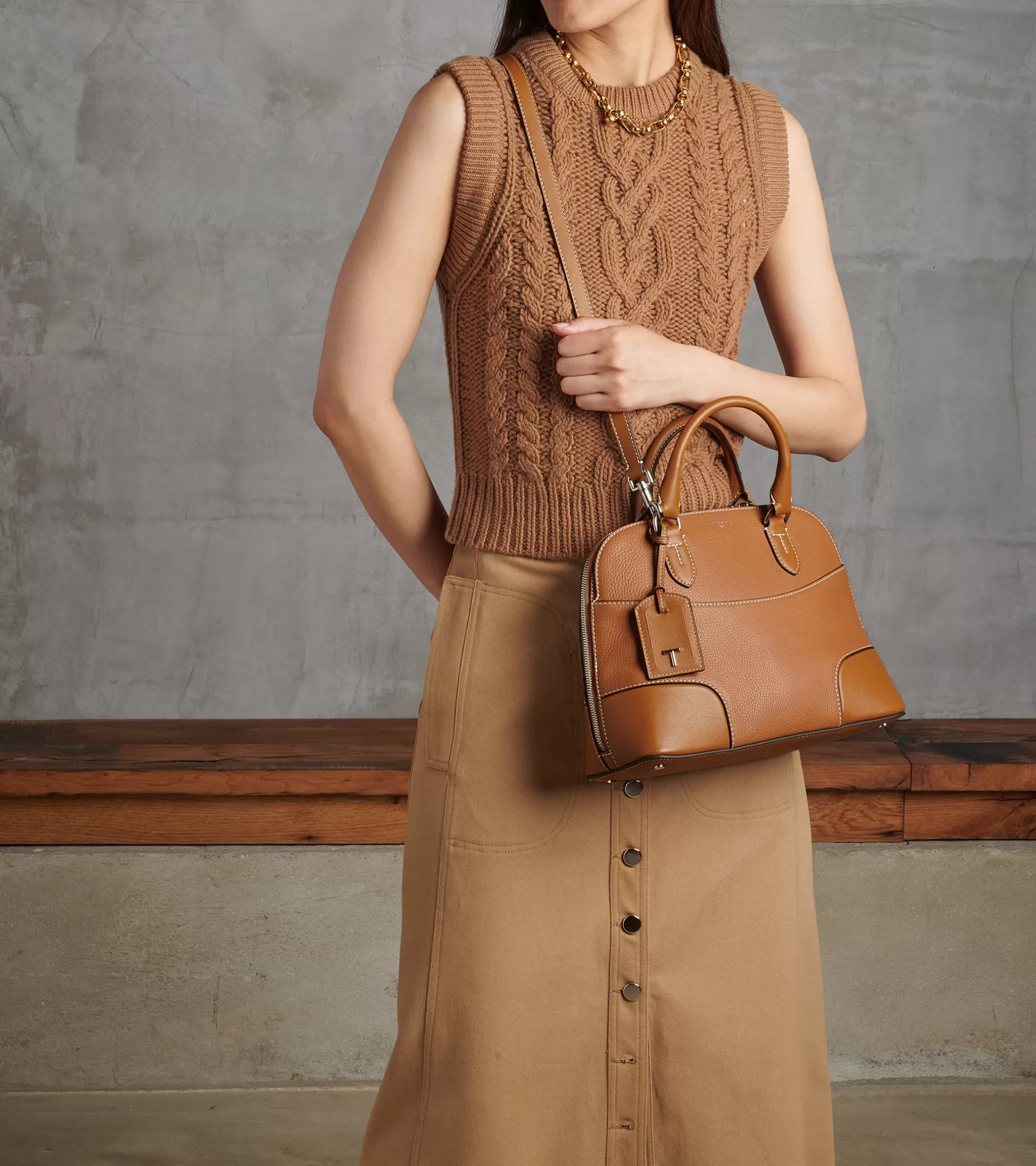 Femme Le Tanneur Sac à main moyen modèle Romy en cuir grainé et lisse - Brown Tan