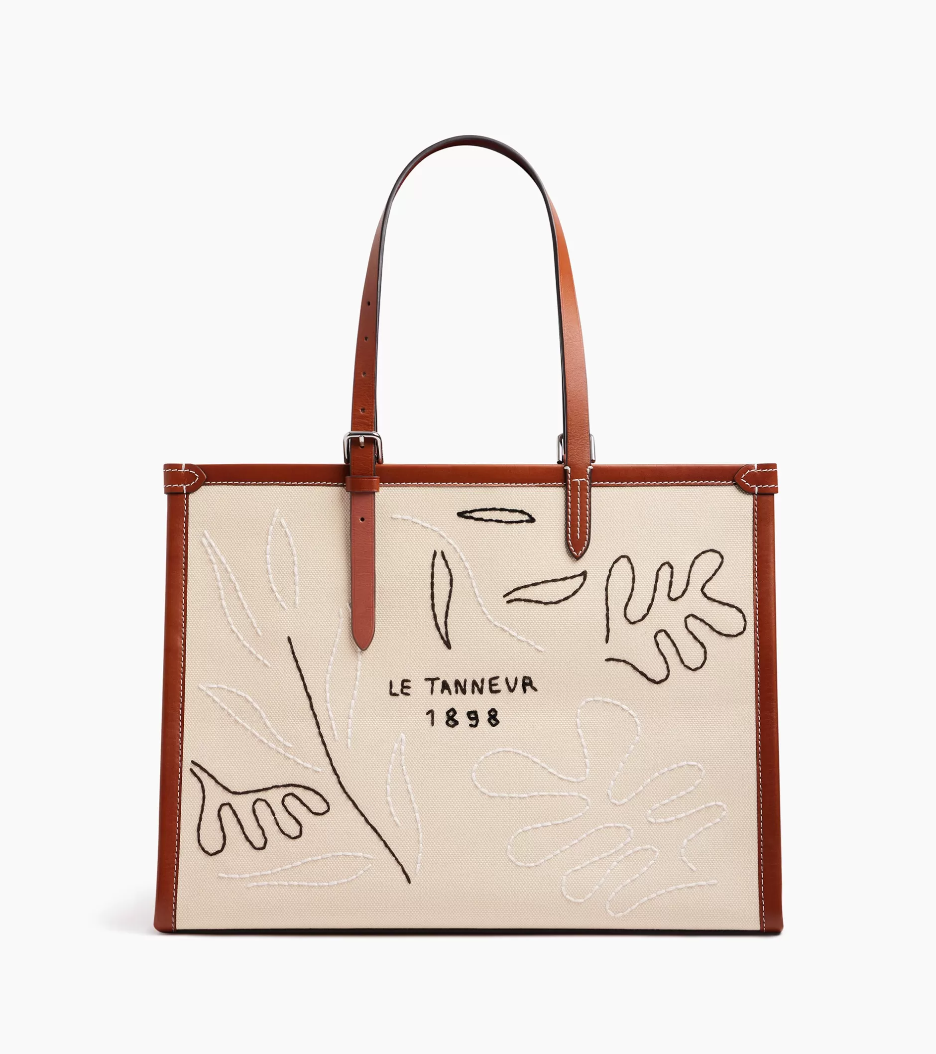 Femme Le Tanneur Sac cabas épaule Sarah Espeute en cuir semi-végétal et toile coton - White Chalk Brown Tan