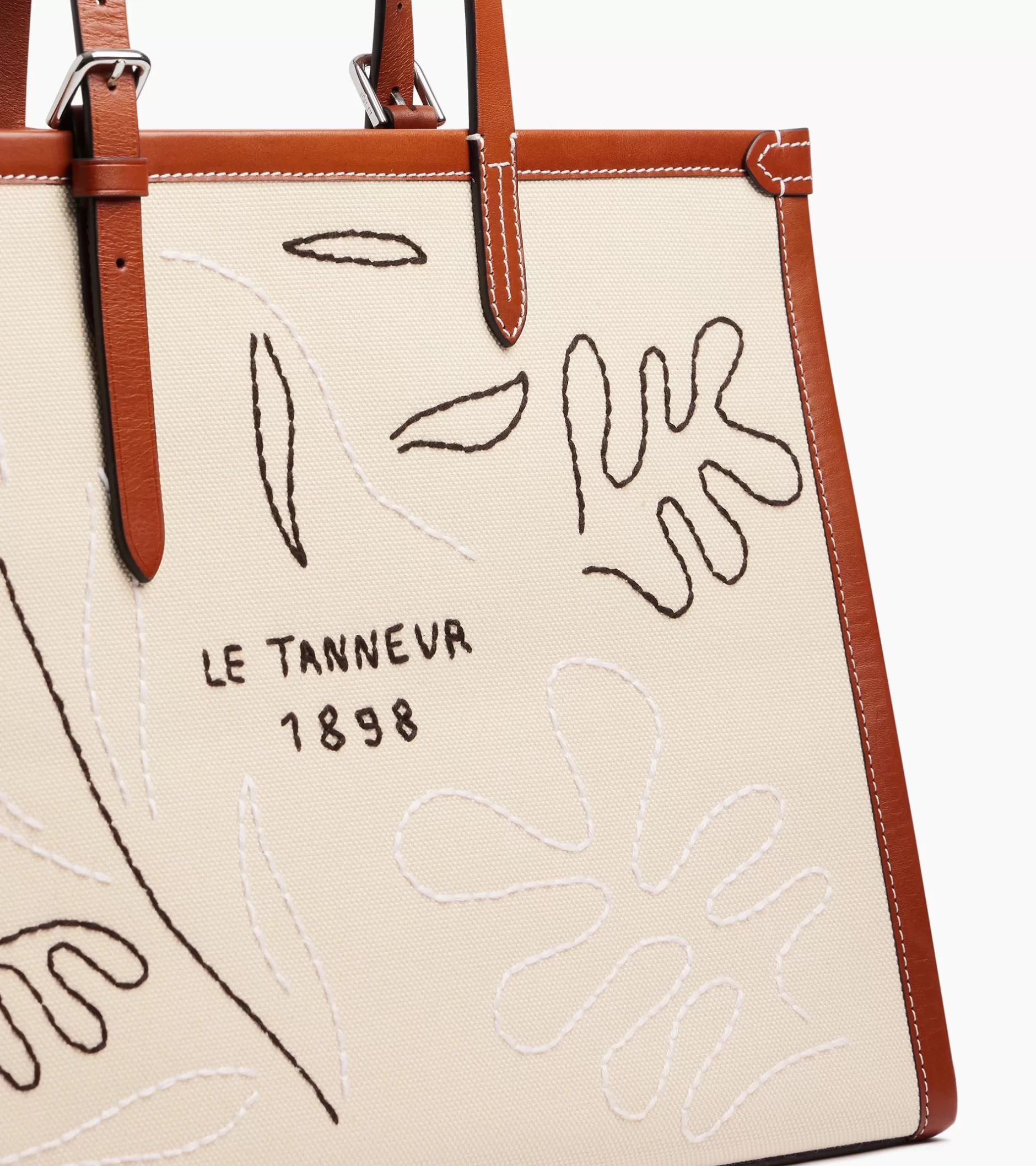 Femme Le Tanneur Sac cabas épaule Sarah Espeute en cuir semi-végétal et toile coton - White Chalk Brown Tan