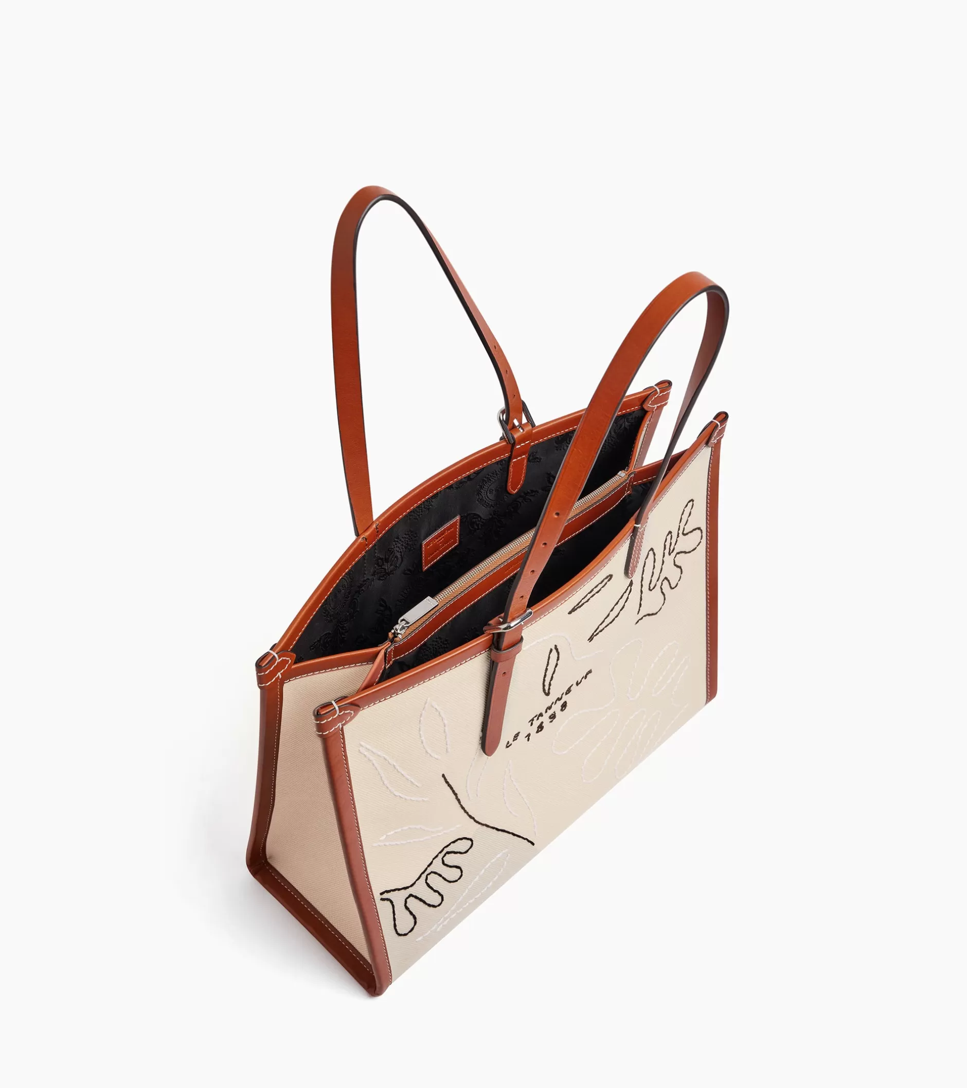 Femme Le Tanneur Sac cabas épaule Sarah Espeute en cuir semi-végétal et toile coton - White Chalk Brown Tan
