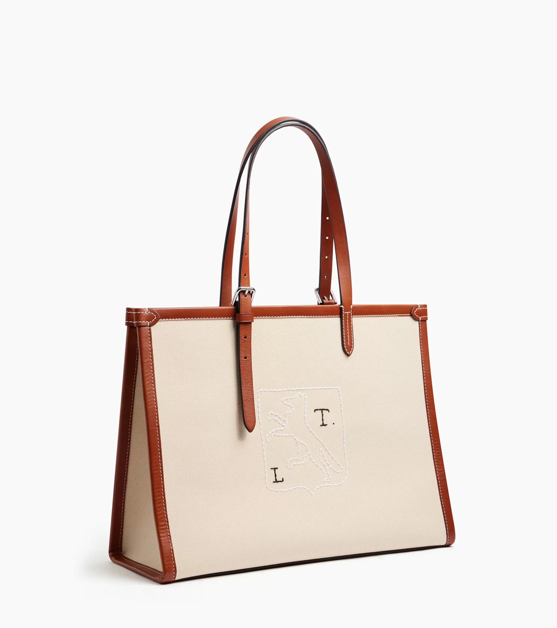 Femme Le Tanneur Sac cabas épaule Sarah Espeute en cuir semi-végétal et toile coton - White Chalk Brown Tan