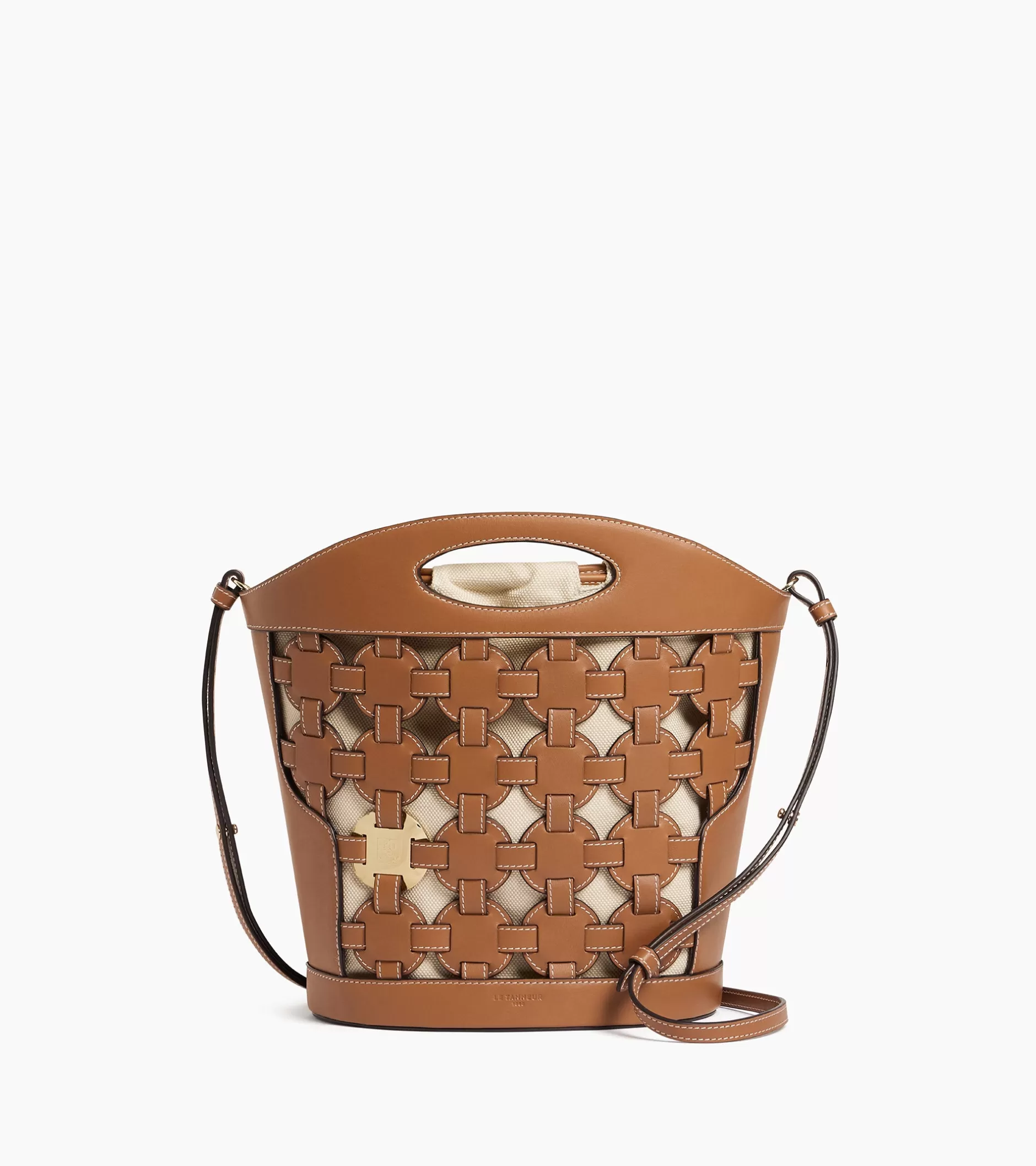 Femme Le Tanneur Sac seau Le Potier en toile coton et cuir lisse - TAN