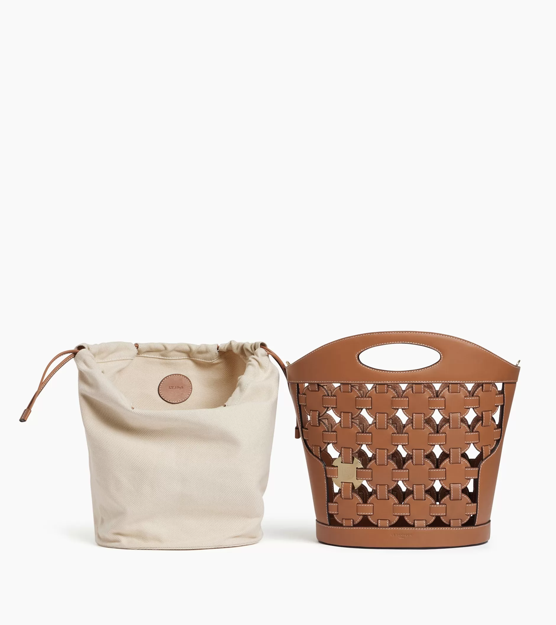 Femme Le Tanneur Sac seau Le Potier en toile coton et cuir lisse - TAN