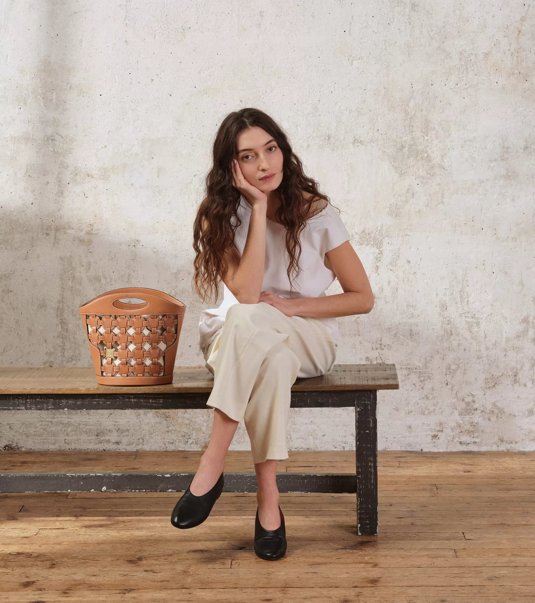 Femme Le Tanneur Sac seau Le Potier en toile coton et cuir lisse - TAN