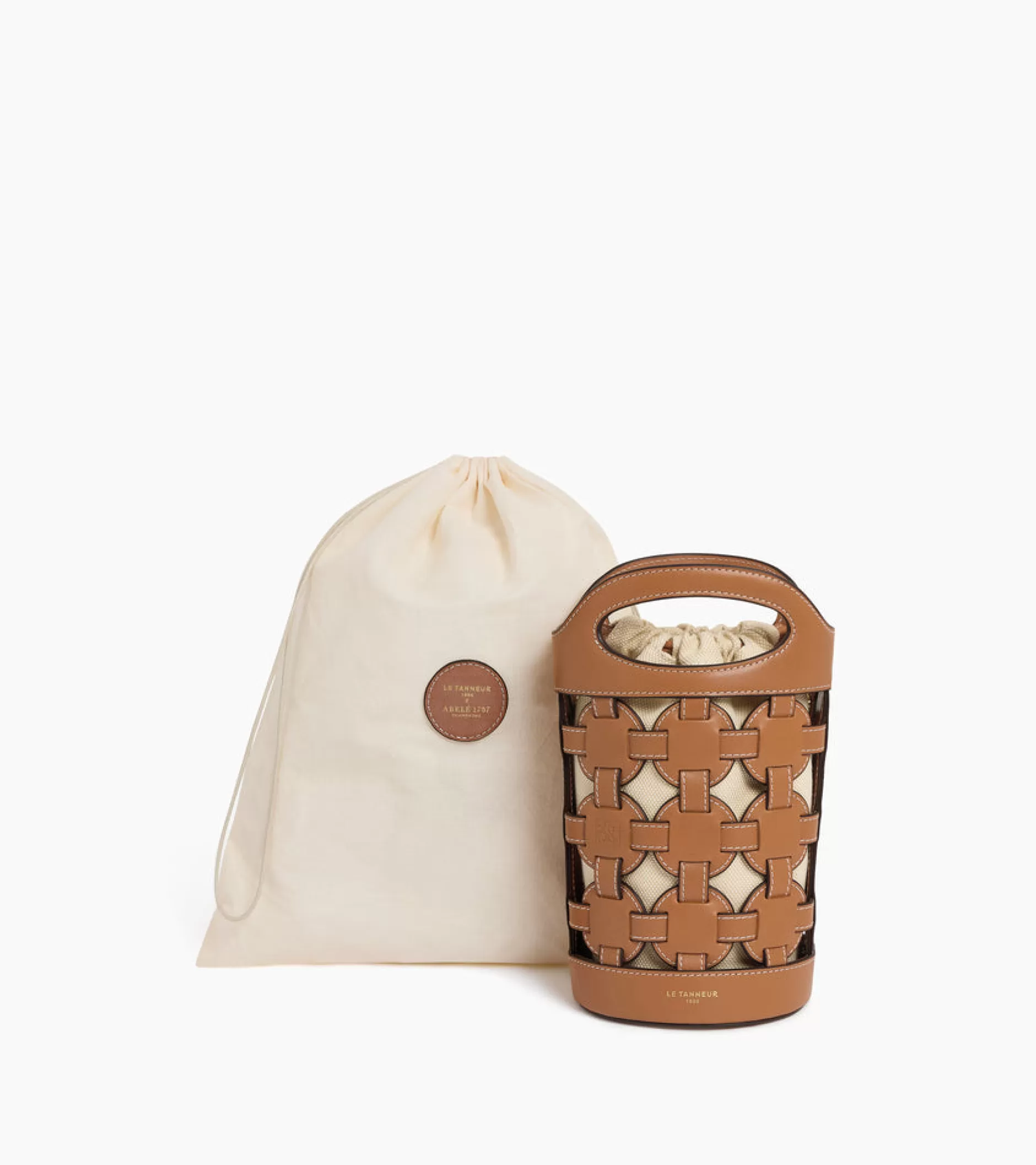 Femme Le Tanneur Sac seau porte-bouteille Maison Abelé en toile coton et cuir lisse - Brown Tan