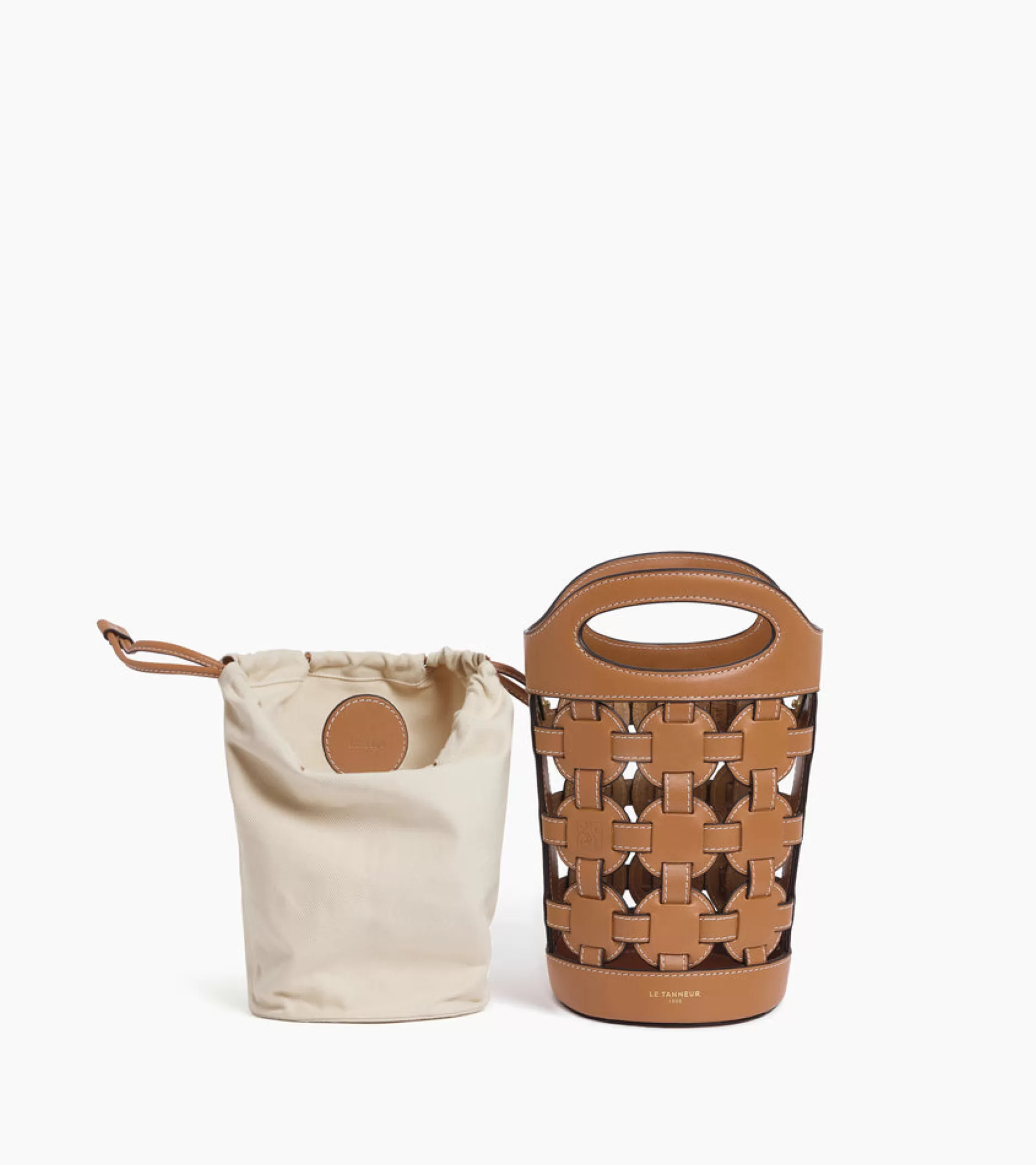 Femme Le Tanneur Sac seau porte-bouteille Maison Abelé en toile coton et cuir lisse - Brown Tan